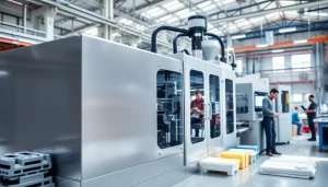 Showcase of a plastic injection molding machine operating efficiently in a busy factory.