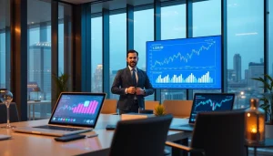 High-tech financial advisor illustration with digital tools and cityscape background for 79king finance trend 2025