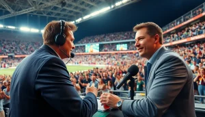 스포츠중계 실시간 중계 장면에서 열정적으로 관객과 소통하는 중계자.