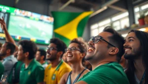 Engaged bettors experiencing sports betting in Brazil during a live football match.