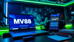 MV88 mobile app displayed on a smartphone in a modern gaming setup.