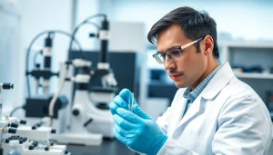 Research peptides analyzed by a scientist in a professional lab setting with advanced equipment.