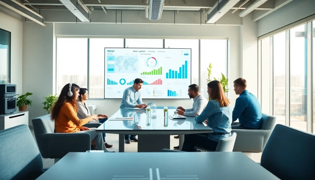 Analyze water utility data on https://reticmanager.com with a professional team in a bright office.