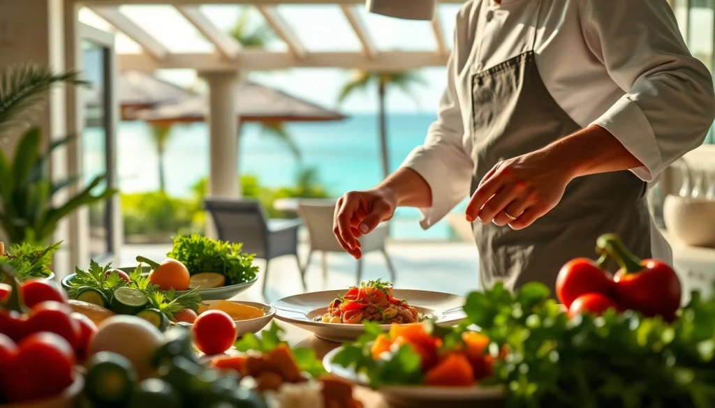Private chef Sint Maarten preparing gourmet cuisine in an elegant villa kitchen.