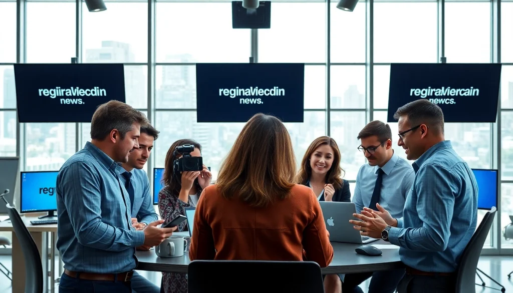 Engaged journalists collaborating on regionalmedianews.com with vibrant energy and professionalism.