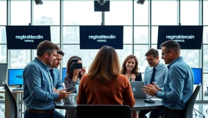 Engaged journalists collaborating on regionalmedianews.com with vibrant energy and professionalism.