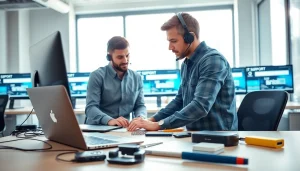 Hands-on computer support and services demonstrated in a modern office with a technician assisting a user.