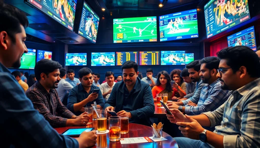 Engaged bettors participating in sports betting in India at a lively sports bar setting.