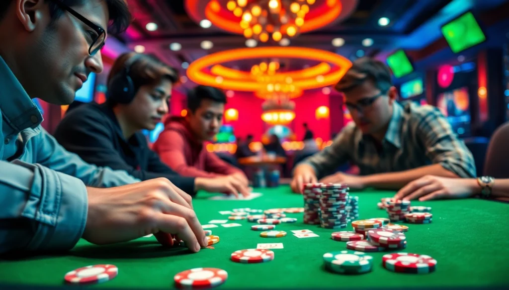 Menampilkan suasana Domino88 poker game yang seru dengan pemain kompetitif di atas meja hijau.