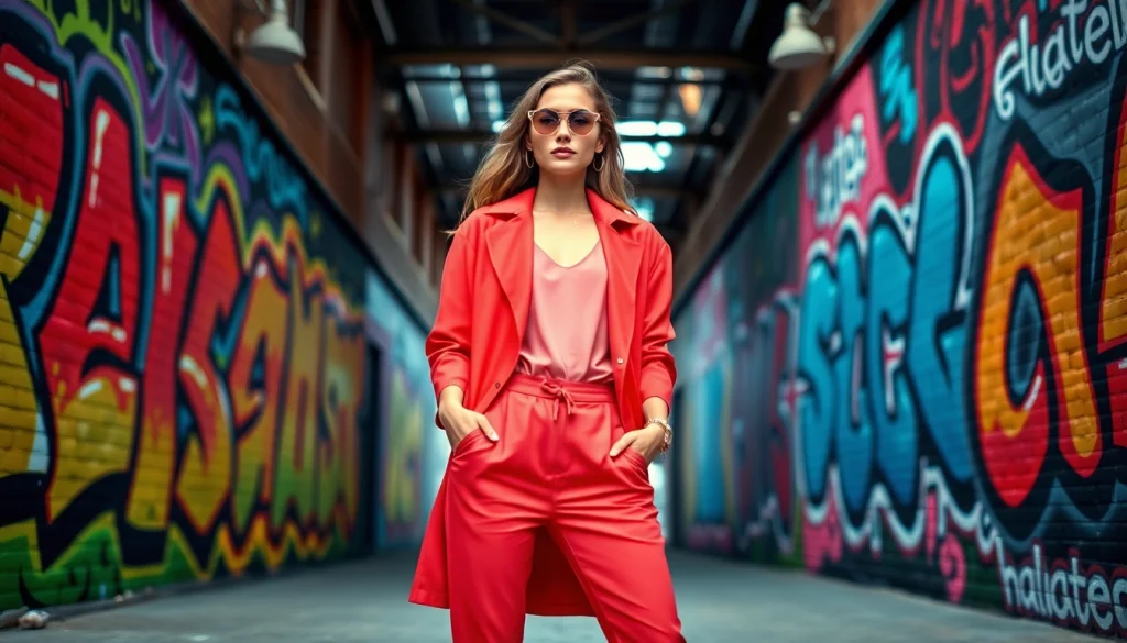 Showcase of modern clothing designs at https://www.northernfashions.com with a confident fashion model in an urban setting.