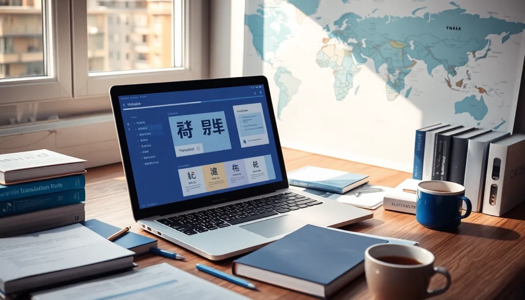 Illustration of a translator using 有道翻译 on a laptop in a modern workspace