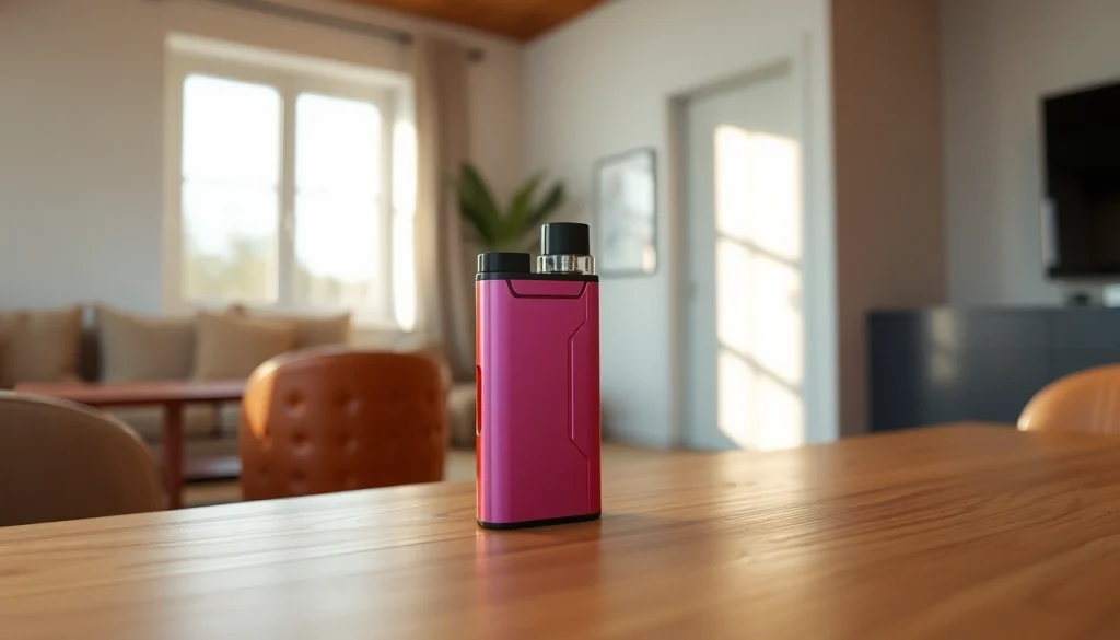 Showcase the stylish pod kit with vibrant colors on a wooden table, highlighting its sleek design.