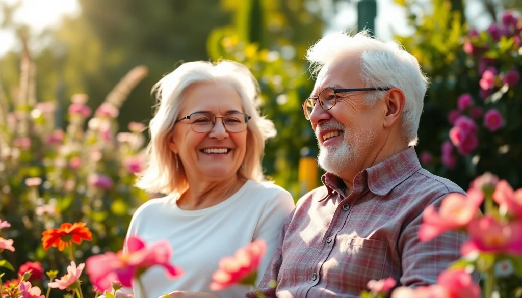 Engaging elderly couple in a sunlit garden, representing retirement joy at https://frontidas.com.