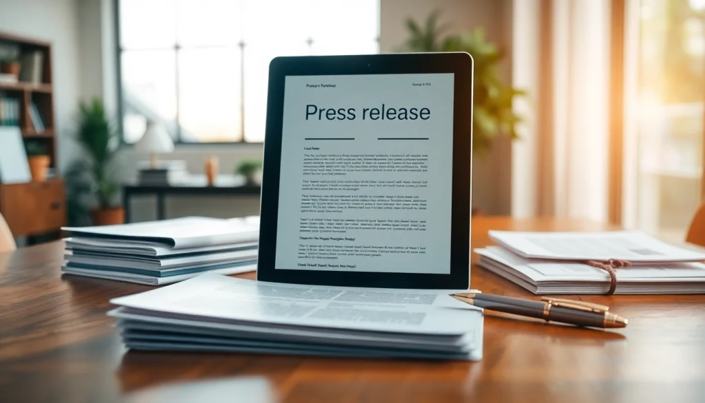 Craft a compelling press release on a polished desk with modern office elements.