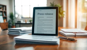 Craft a compelling press release on a polished desk with modern office elements.