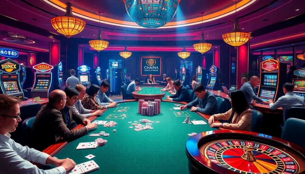 Exciting casino atmosphere featuring KJC gaming tables, cards, and slot machines.