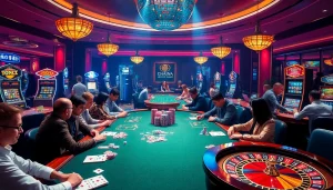 Exciting casino atmosphere featuring KJC gaming tables, cards, and slot machines.