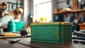 Showcase a custom tin box with intricate designs in a modern artisan setting.
