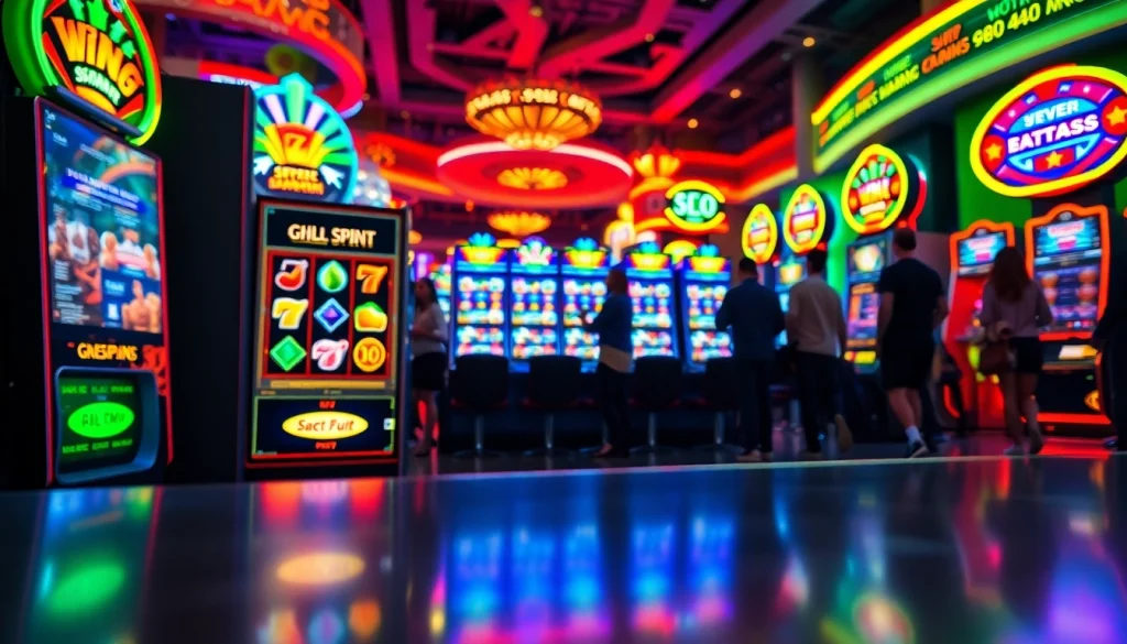 Slot mesin berkilau menarik perhatian di kasino yang ramai dengan pencahayaan cerah.