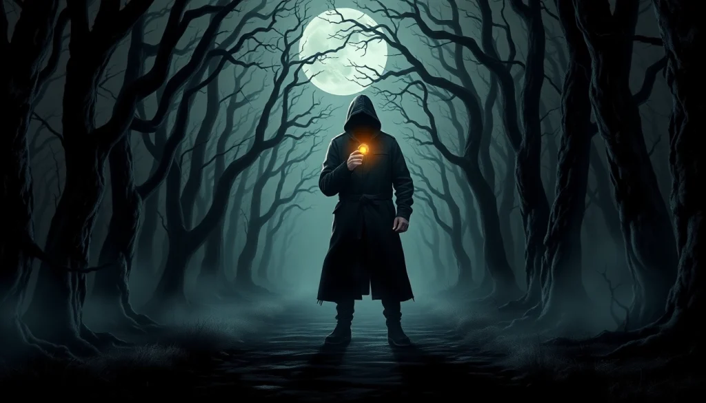 Capture the thrill of suspense with a mysterious figure in a dark forest for the Thriller theme.