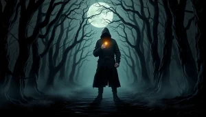 Capture the thrill of suspense with a mysterious figure in a dark forest for the Thriller theme.