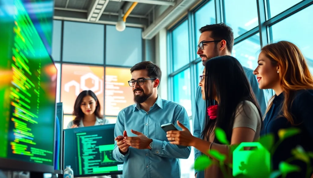 Collaborative environment of software developers praising helloworld application project designs.