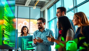 Collaborative environment of software developers praising helloworld application project designs.