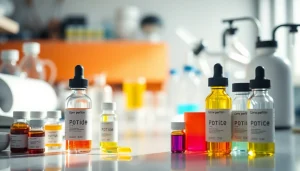 Uther Peptide displays a range of high-quality vials in a modern lab setting.