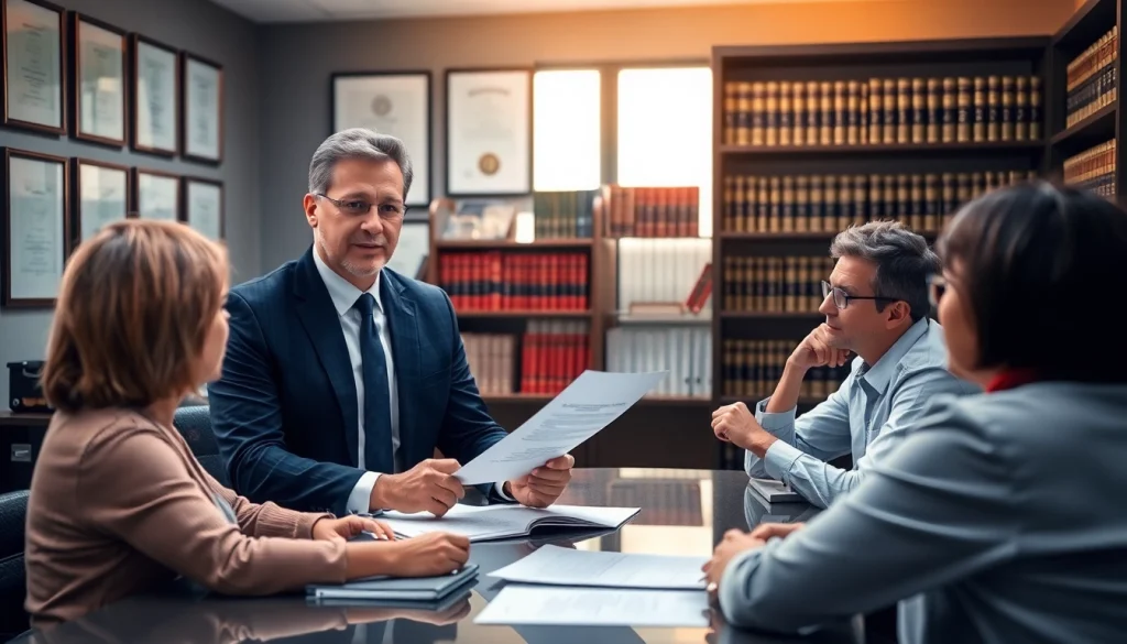 A personal injury lawyer at https://www.marylandpersonalinjurylawyer.com engaging with clients in a law office.