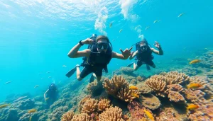Scuba divers exploring vibrant coral reefs, showcasing marine life at https://marvinscubaexpeditions.com