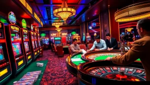 Experience thrilling casino action at https://kjc.uk.com/, featuring poker players and vibrant slot machines.