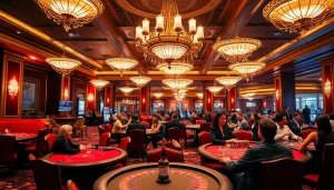 คาสิโนที่ทันสมัยแสดงผู้เล่นที่ตื่นเต้นและบรรยากาศหรูหราในคาสิโน
