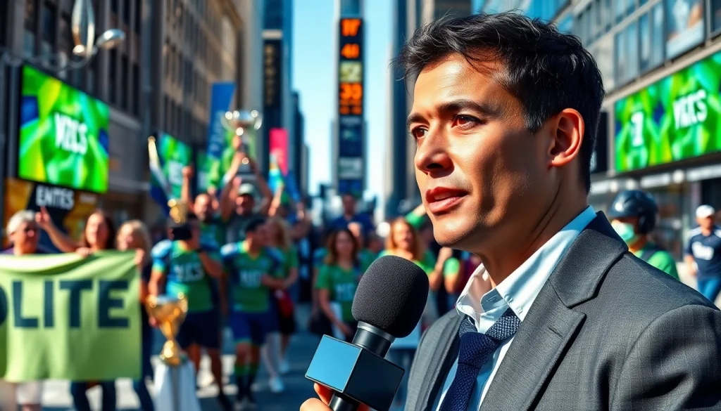 Report live sports updates from sportsbytes.com.ph with excitement and passion in a busy urban environment.