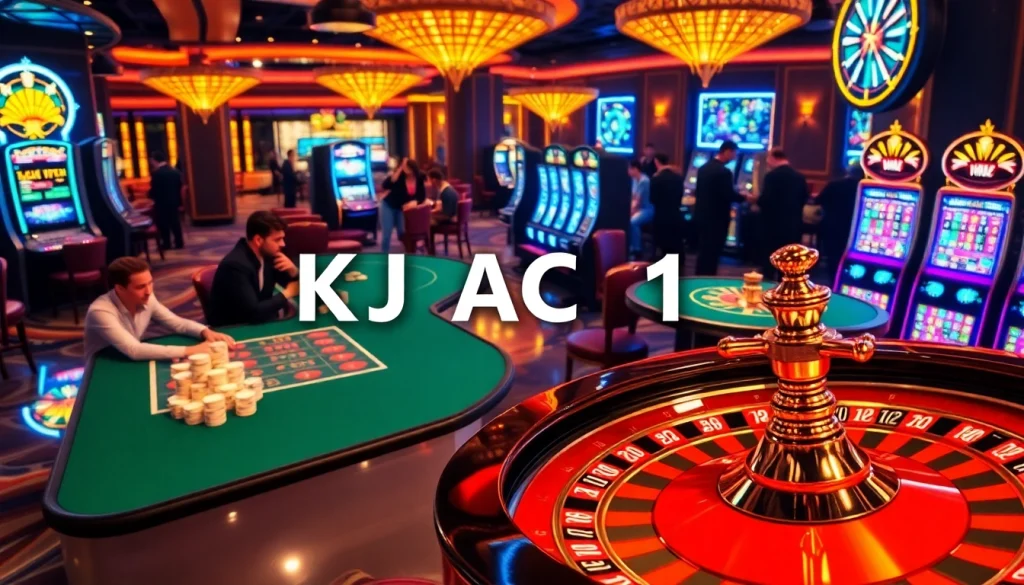 KJC AC 1 highlights players betting at sophisticated casino tables under rich lighting.
