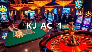 KJC AC 1 highlights players betting at sophisticated casino tables under rich lighting.