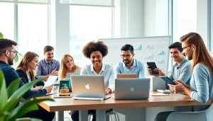 Team collaborating on Good Wolf Marketing strategies in a bright, innovative office.