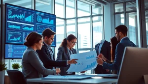 Analyze competitive intelligence data with a focused business team in a modern office.