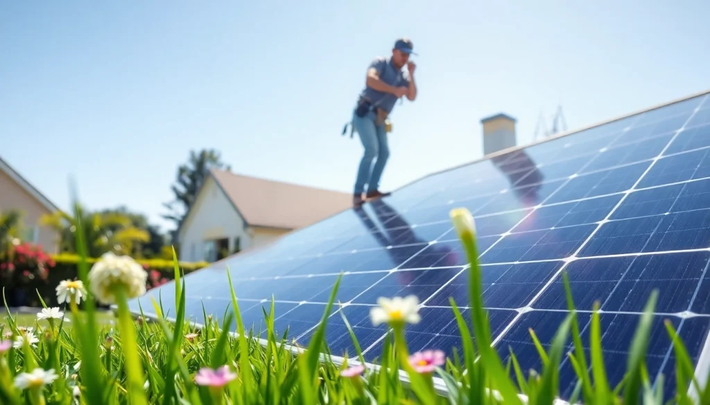 Install home solar solutions with technician on a modern roof in a sunny environment.