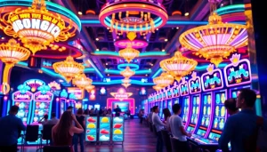 Permainan slot gacor yang menarik dengan simbol yang cerah dan pemain yang antusias.