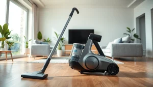 Powerful vacuum cleaner on a wooden floor in a bright, modern living room.