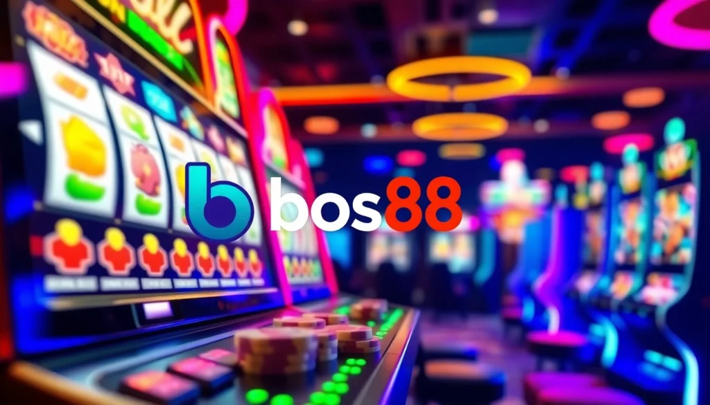 Menggambarkan keseruan bermain di bos88 dengan mesin slot dan efek cahaya yang ceria.