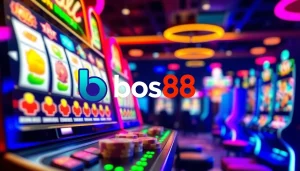 Menggambarkan keseruan bermain di bos88 dengan mesin slot dan efek cahaya yang ceria.