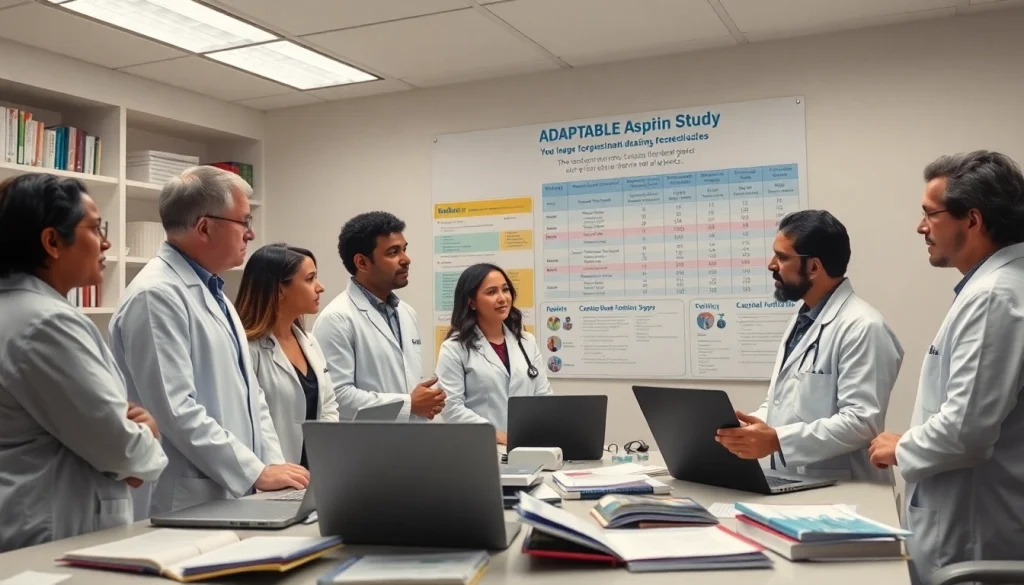 Research team discusses findings of the ADAPTABLE Aspirin Study while analyzing data in a clinical lab setting.