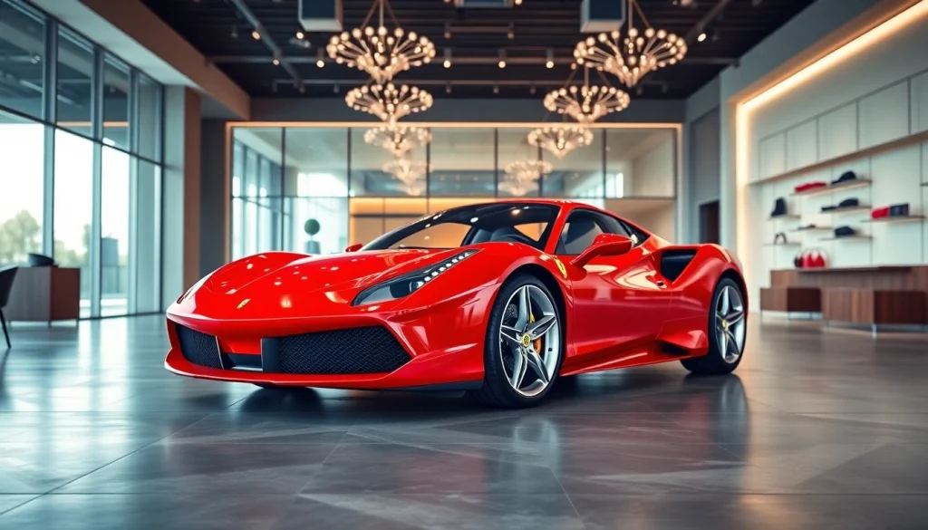 Experience luxury at the Ferrari dealership Johannesburg with a stunning red Ferrari display.