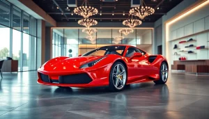 Experience luxury at the Ferrari dealership Johannesburg with a stunning red Ferrari display.