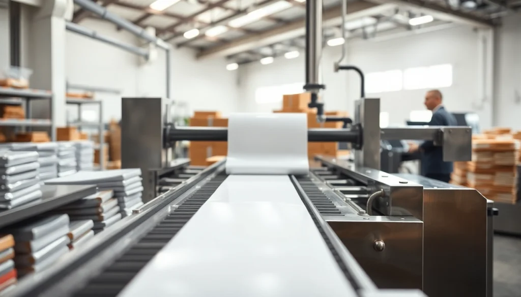 Efficient shrink wrap machine packaging products in an industrial workspace.