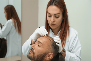 Woman-performing-a-hair-transplant-precedure-on-a-bald-man