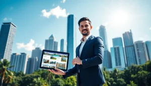 Showcase real estate international with a professional agent displaying diverse global properties.