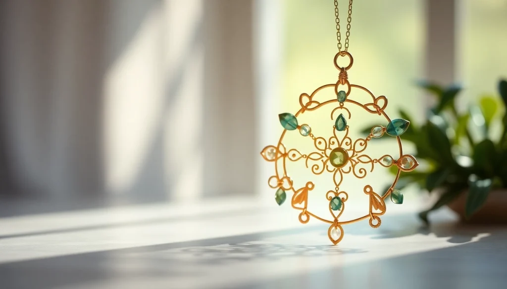 Showcasing spiritual jewelry with healing gemstones and elegant symbols in a serene setting.
