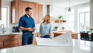 Engaged remodeling contractor discussing design options with clients in a modern kitchen.